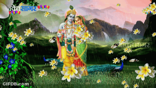 A Painting Of Krishna And Radha Surrounded By Flowers And Birds GIF