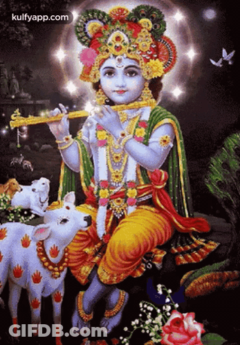 A Painting Of Krishna Playing A Flute With A Cow Behind Him GIF
