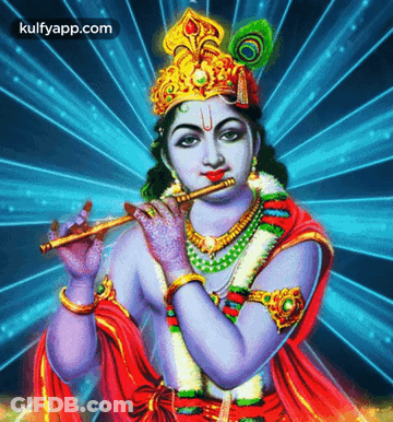 A Painting Of Krishna Playing A Flute With Kulfyapp.com In The Upper Right Corner GIF