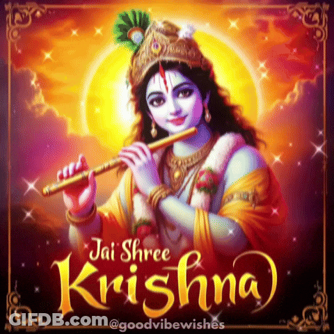 A Painting Of Krishna Playing A Flute With The Words Jai Shree Krishna GIF