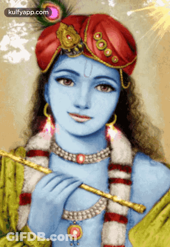 A Painting Of Krishna With A Flute And A Peacock Feather On His Hat GIF
