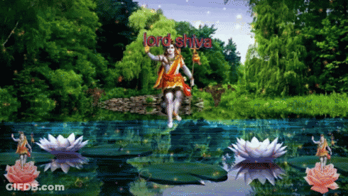 A Painting Of Lord Shiva In A Pond With Lotus Flowers GIF