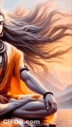 A Painting Of Lord Shiva Sitting In A Lotus Position With His Hair Blowing In The Wind GIF