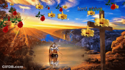 A Painting Of Lord Shiva With A Cross And Flowers GIF