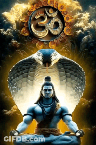 A Painting Of Lord Shiva With A Snake Behind Him And An Om Symbol GIF