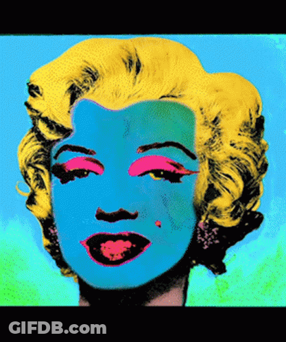 A Painting Of Marilyn Monroe With A Blue Face And Yellow Hair GIF