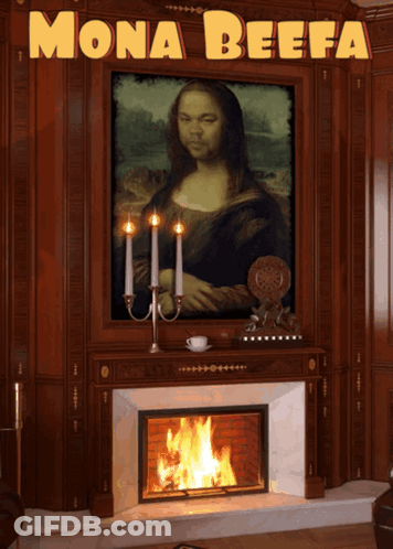 A Painting Of Mona Lisa With The Words Mona Beefa Written Above It GIF