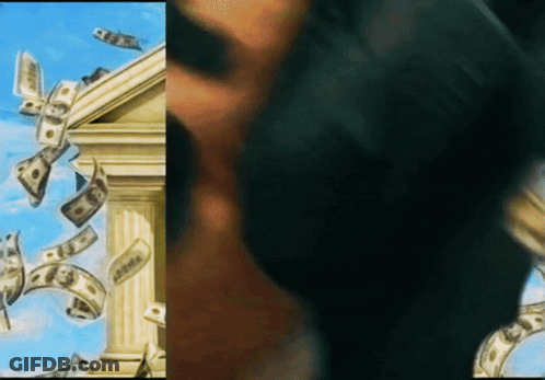 A Painting Of Money Falling From The Sky With A Man In The Foreground GIF