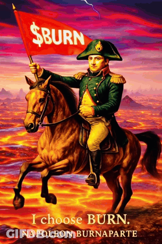A Painting Of Napoleon On A Horse Holding A Red Flag That Says $ Burn GIF