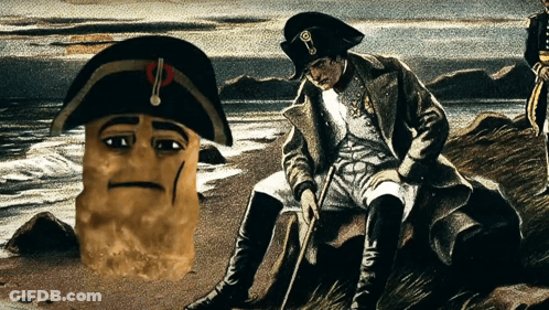 A Painting Of Napoleon Sitting On A Rock Next To A Potato With A Sad Face On It GIF