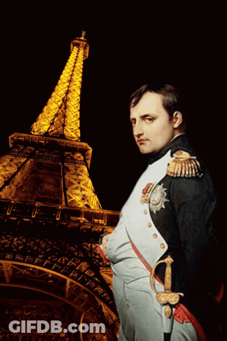 A Painting Of Napoleon Standing In Front Of The Eiffel Tower With The Words Bonne N On The Bottom GIF