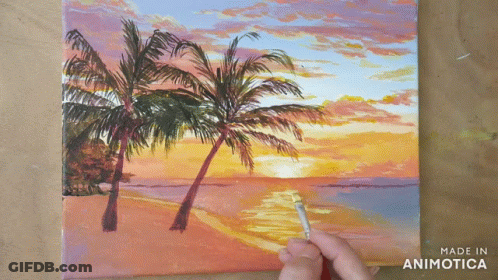 A Painting Of Palm Trees On A Beach With The Words Made In Animotica Below It GIF