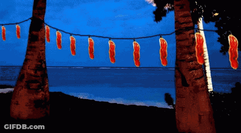 A Painting Of Palm Trees With A String Of Red Lights Hanging From Them GIF