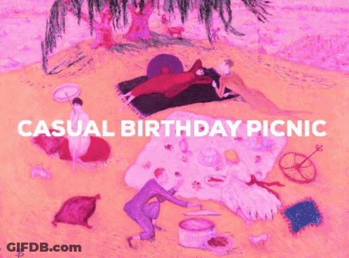 A Painting Of People Having A Picnic With The Words Casual Birthday Picnic GIF