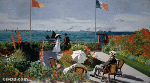 A Painting Of People Sitting In Chairs With Umbrellas Looking At The Ocean GIF