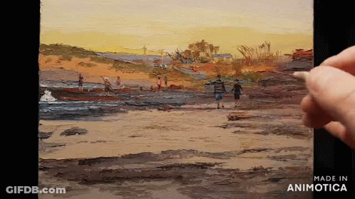 A Painting Of People Walking On A Beach Is Made In Animatica GIF