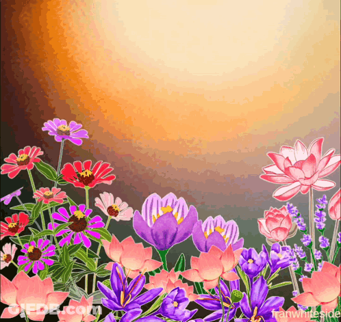 A Painting Of Pink And Purple Flowers With The Words Franwhiteside Below Them GIF