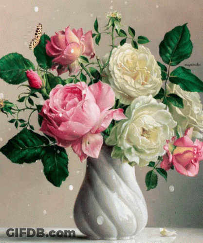 A Painting Of Pink And White Roses In A White Vase With A Butterfly GIF