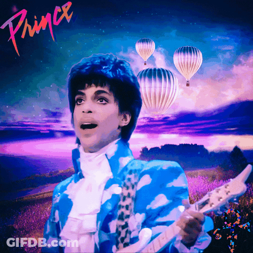 A Painting Of Prince Holding A Guitar With Balloons In The Background GIF