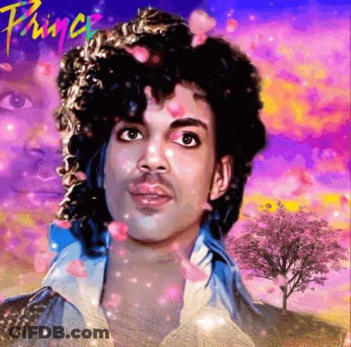 A Painting Of Prince With Pink Petals On His Head GIF