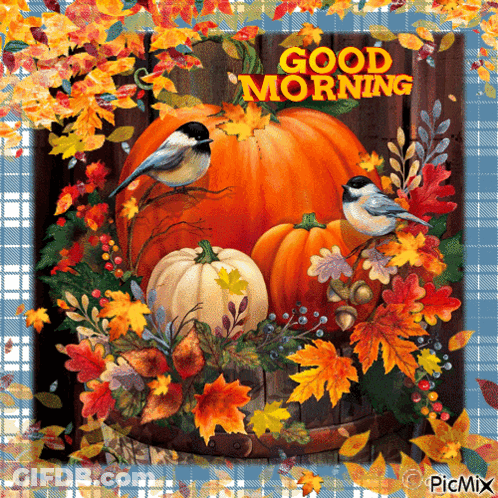 A Painting Of Pumpkins And Leaves With The Words Good Morning Written On It GIF