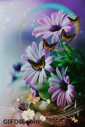 A Painting Of Purple Flowers With Butterflies And The Letters S.a.b. On The Bottom GIF