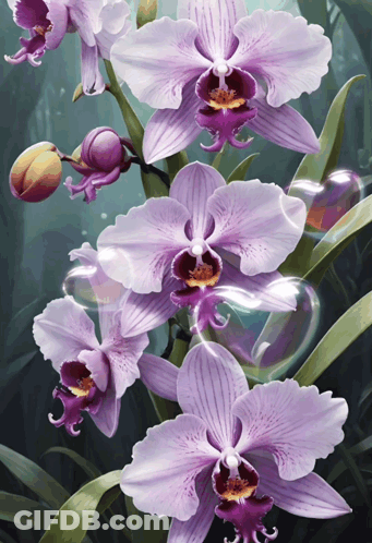 A Painting Of Purple Orchids With Bubbles Coming Out Of Them GIF