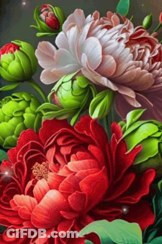 A Painting Of Red And White Flowers With Green Leaves And Buds GIF