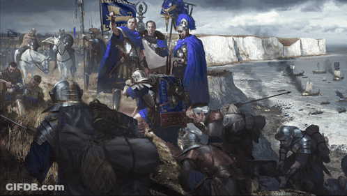 A Painting Of Roman Soldiers Holding A Banner That Says ' Emperor ' On It GIF