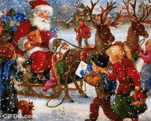 A Painting Of Santa Claus In A Sleigh With Reindeer Pulling It GIF