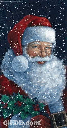 A Painting Of Santa Claus In The Snow With A Holly Wreath Around His Waist GIF
