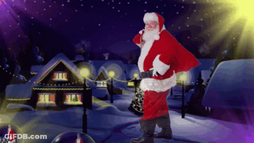 A Painting Of Santa Claus Standing In Front Of A Snowy House GIF