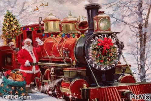 A Painting Of Santa Claus Standing In Front Of A Train That Says Santa Express GIF