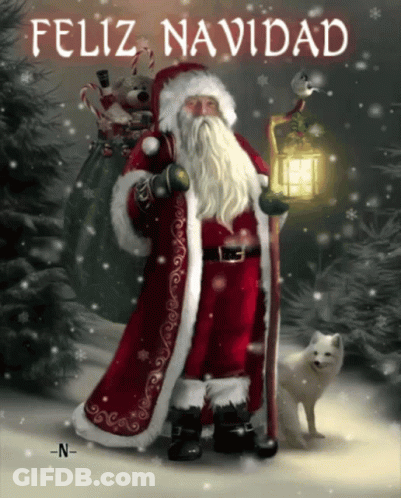 A Painting Of Santa Claus With The Words Feliz Navidad On The Top GIF