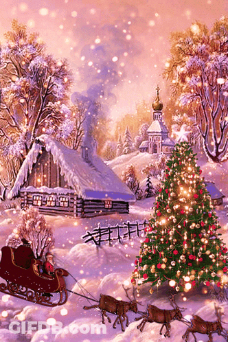 A Painting Of Santa In A Sleigh Pulled By Reindeer And A Christmas Tree GIF