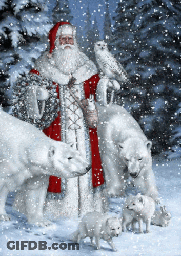 A Painting Of Santa Surrounded By Polar Bears And Wolves GIF