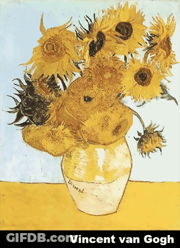 A Painting Of Sunflowers By Vincent Van Gogh Is On A Yellow Background GIF