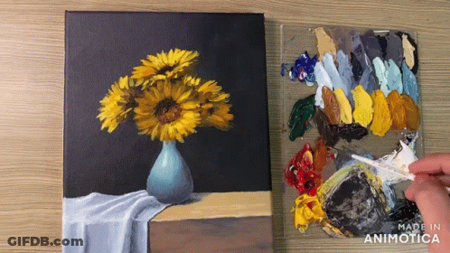 A Painting Of Sunflowers In A Vase Next To A Made In Animatica Palette GIF