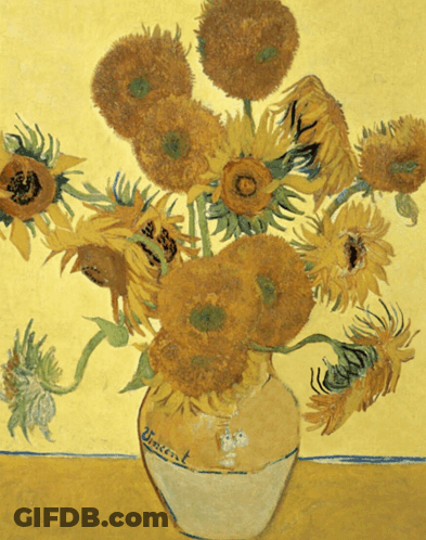 A Painting Of Sunflowers In A Vase That Says Vincent On It GIF