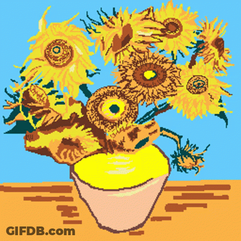 A Painting Of Sunflowers In A Vase With A Blue Background GIF
