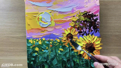 A Painting Of Sunflowers With The Words Wow Art Below It GIF
