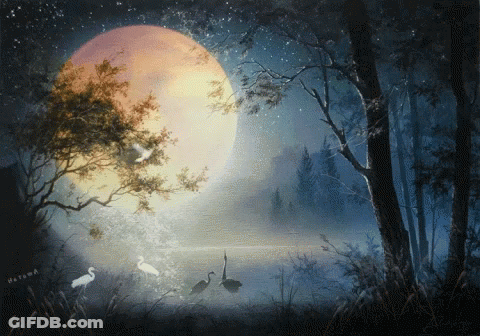 A Painting Of Swans In A Lake With A Full Moon Behind Them GIF