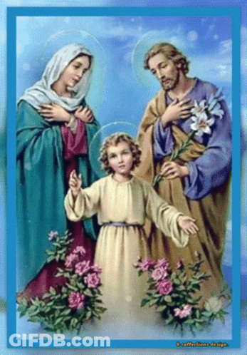 A Painting Of The Holy Family With A Blue Frame GIF