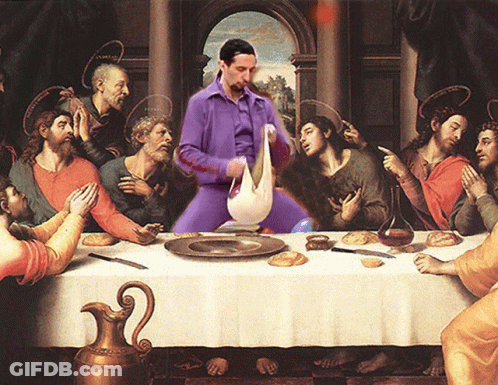 A Painting Of The Last Supper With A Man In A Purple Shirt GIF