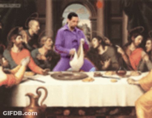 A Painting Of The Last Supper With A Man In Purple Pants GIF
