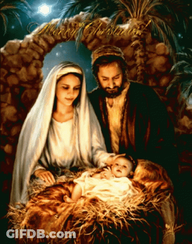 A Painting Of The Nativity Scene With The Words Merry Christmas GIF