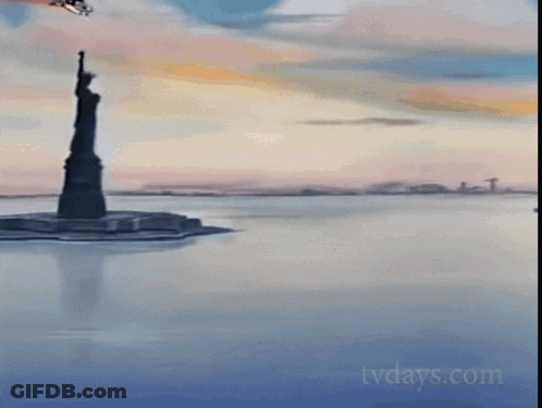 A Painting Of The Statue Of Liberty With Tvdays.com Written On The Bottom GIF