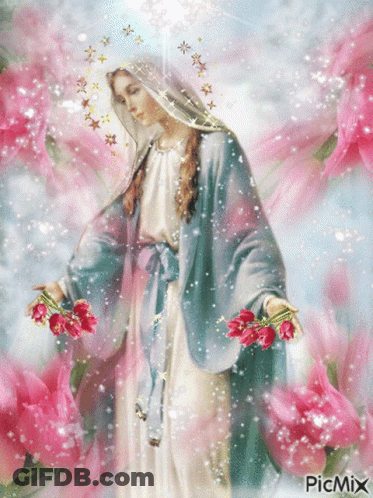 A Painting Of The Virgin Mary Surrounded By Pink Flowers With Picmix Written On The Bottom GIF