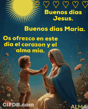 A Painting Of The Virgin Mary Talking To A Child With The Words Buenos Dias Jesus GIF