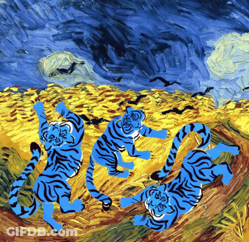 A Painting Of Three Blue Tigers On A Yellow Field GIF